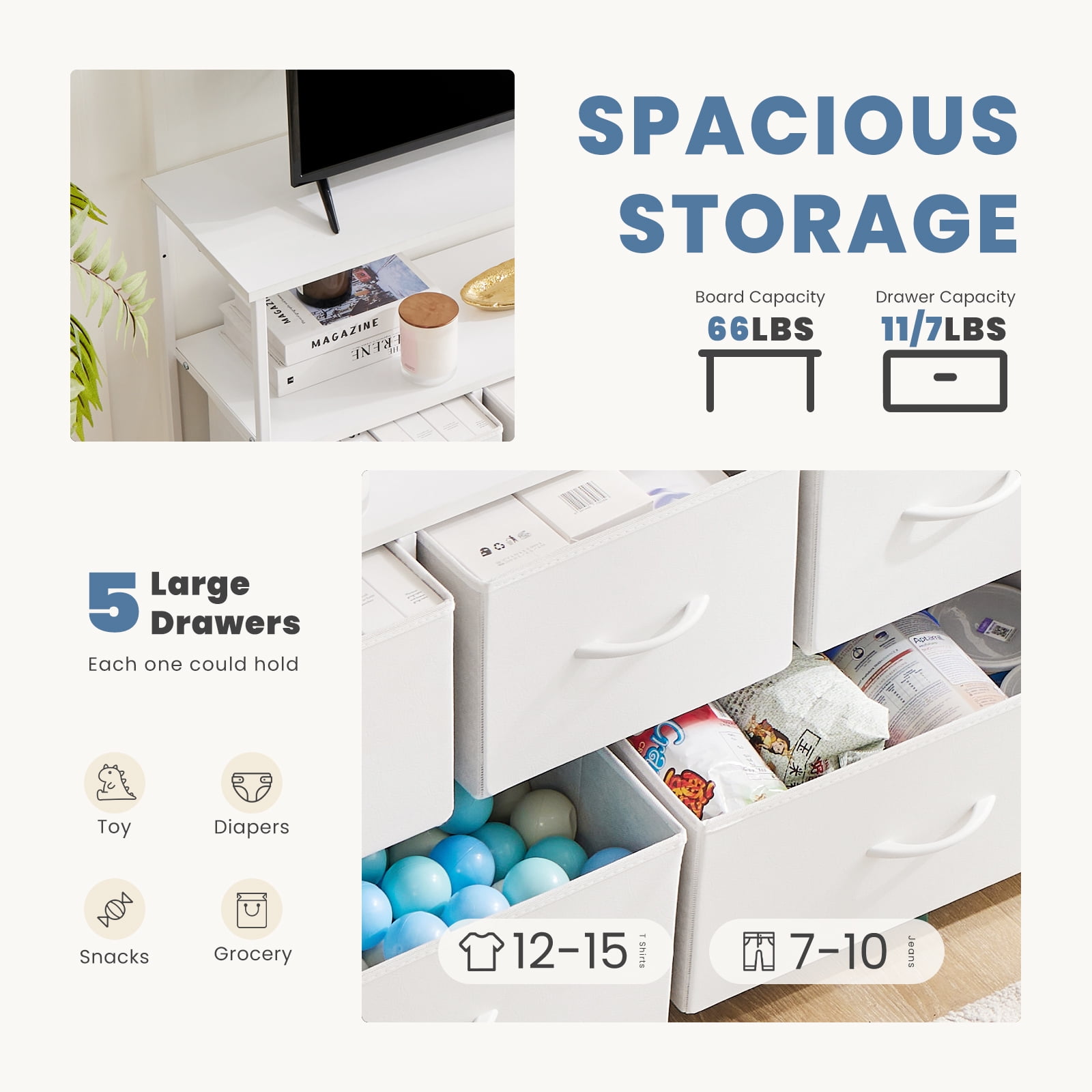 CONCETTA TV Stand Dresser with 5 Fabric Drawers and Open Shelving, Multi-functional Storage Unit Fits TV up to 45 inches for Bedroom Living Room Hallway, White