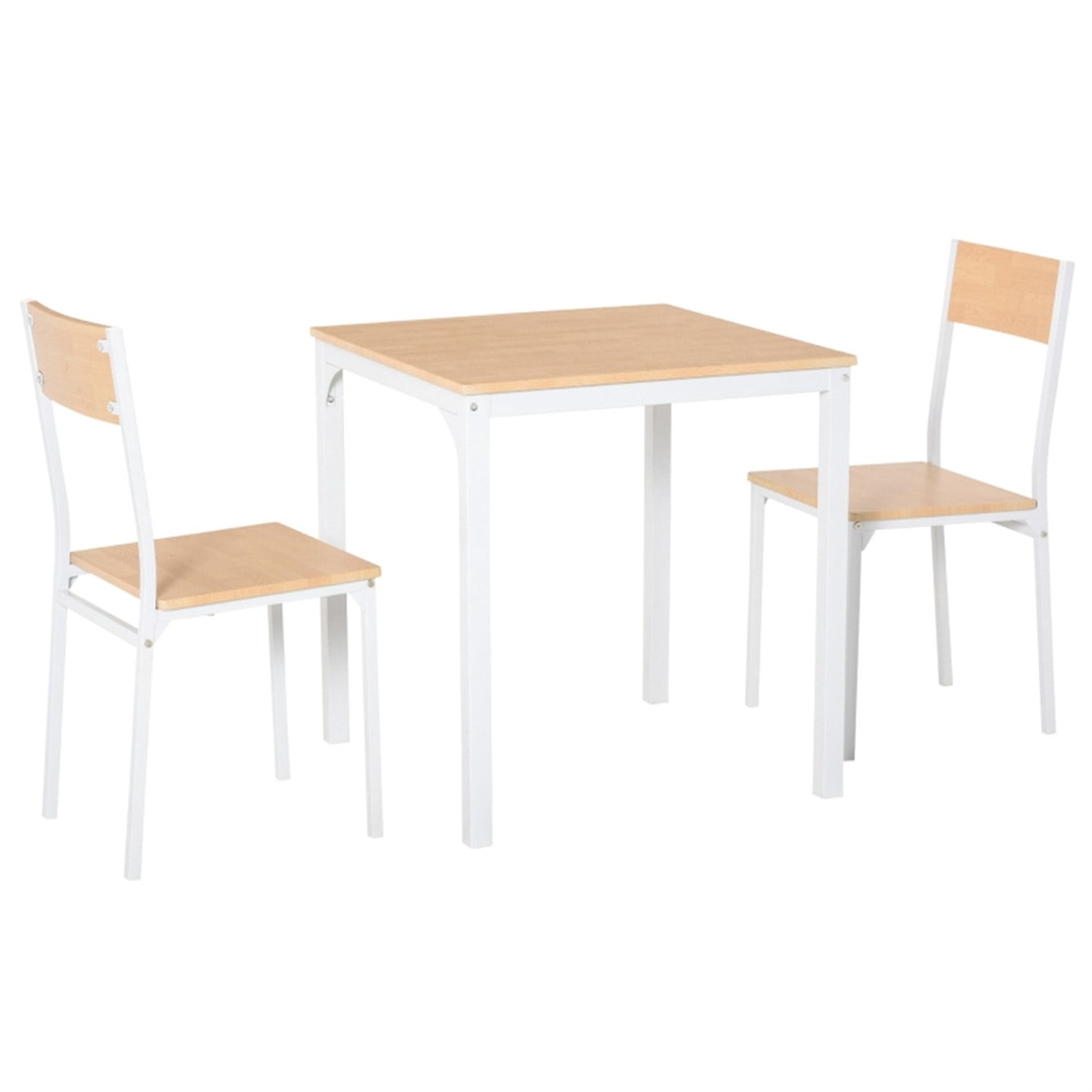3-Piece Dining Table and Chair Set, White MDF and Steel, 27.5 in Square Table with 2 Chairs