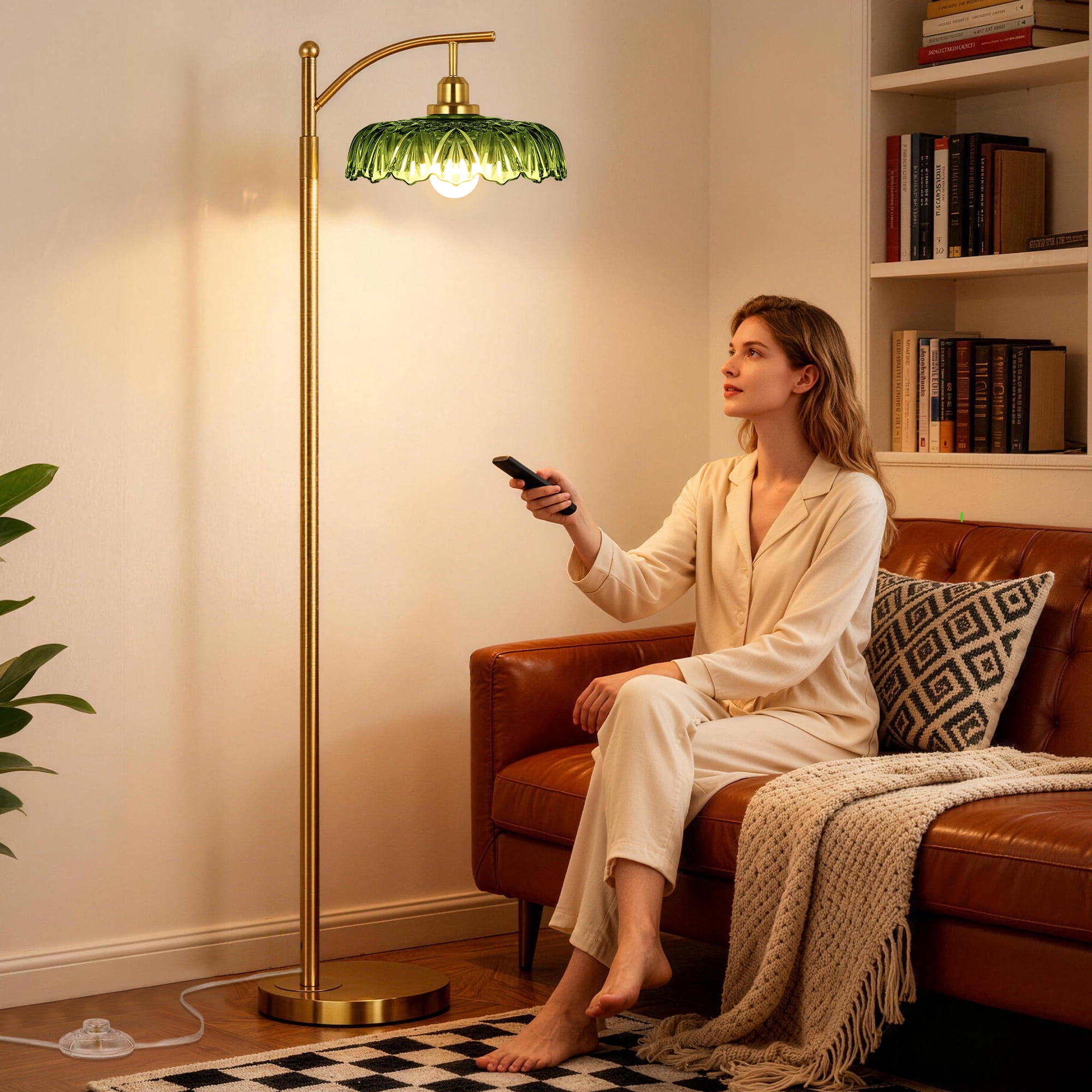68in Gold Floor Lamp for Living Room Mid Century Modern Standing Lamp with Green Glass Shade, Flower Lamp