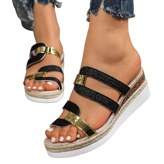 Rokment Womens Vintage Platform Wedge Sandals Metallic Gold Color Block Leather Open Toe Espadrilles Chunky High Heels Slip on Dress Slides for Woman Beach Summer Black Size 6