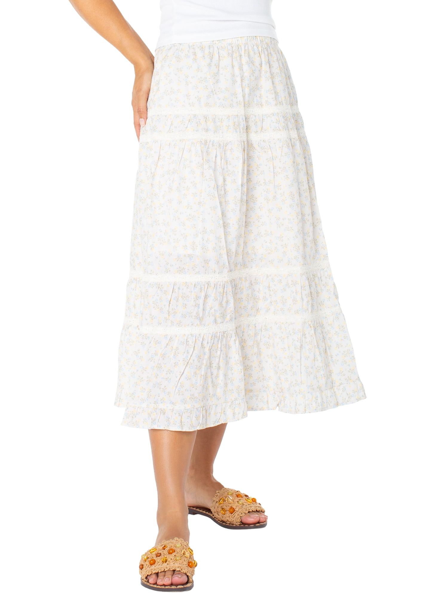Celebrity Pink Women's and Women's Plus Tiered Ruffle Skirt with Lace Trim, Sizes XS-XXXL