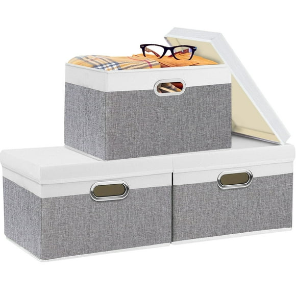 Yawinhe Collapsible Storage Box (3-Pack) 17.3x11.8x11.8in Waterproof Storage Basket Bins with Lids and 2 Handles for Clothes Closet Organizers and Storage Containers White/Grey USNK066WGX-3