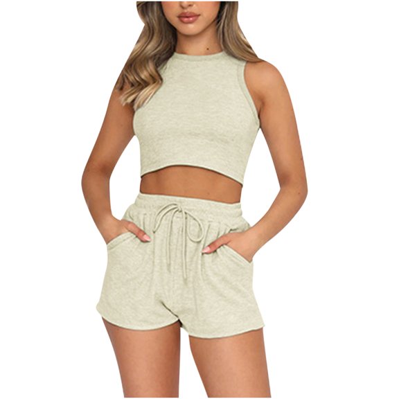 Frostluinai Yoga Sets for Women 2 Piece Sleeveless Athletic Tanks Elastic Waist Drawstring Shorts Solid Casual Sweatsuits Activewear for Women
