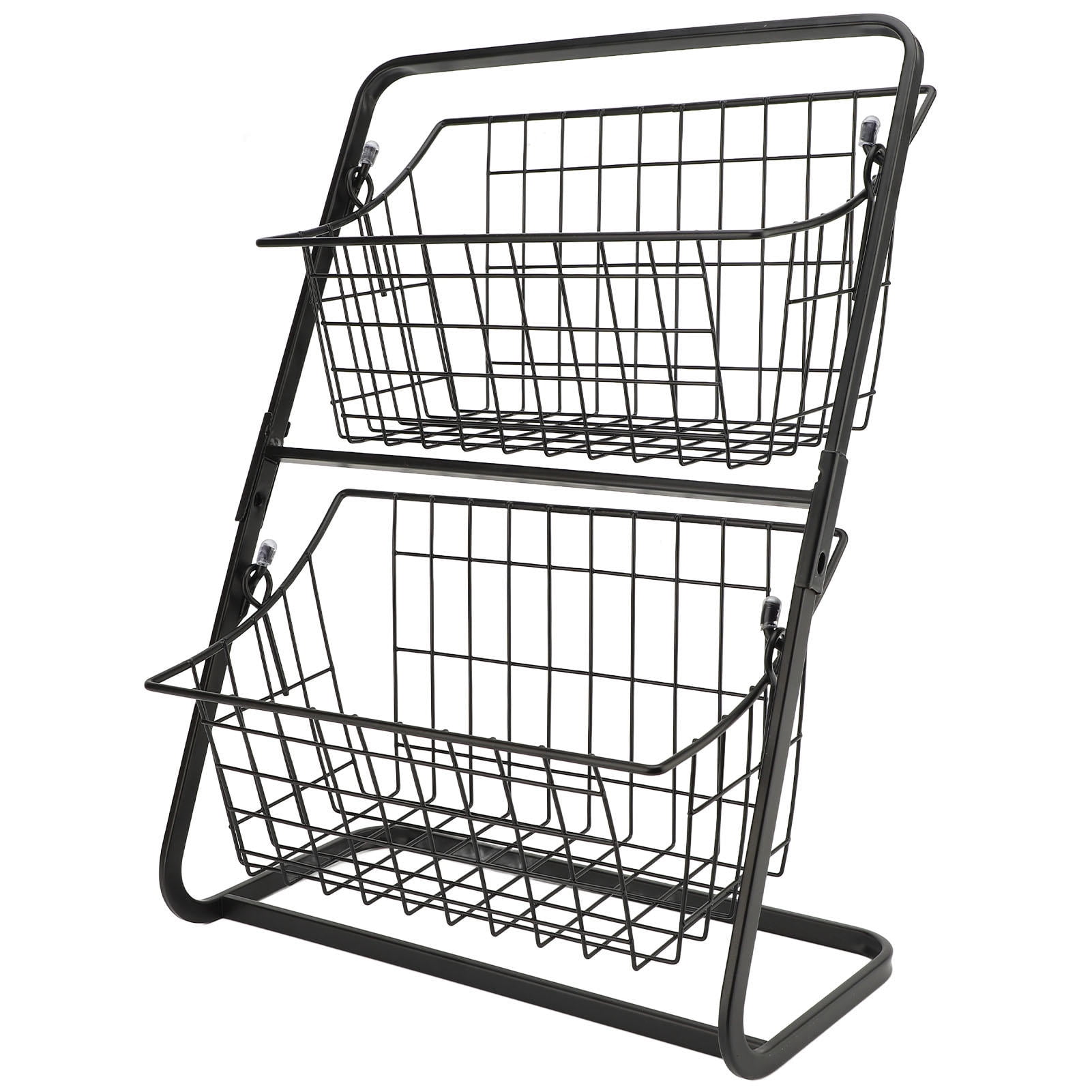 YAHHU Kitchen Fruit Storage Basket Multipurpose Carbon Steel Mesh Hollow Design 2 Tier Fruit Basket Bowl for Kitchen Counter Space Saving Black