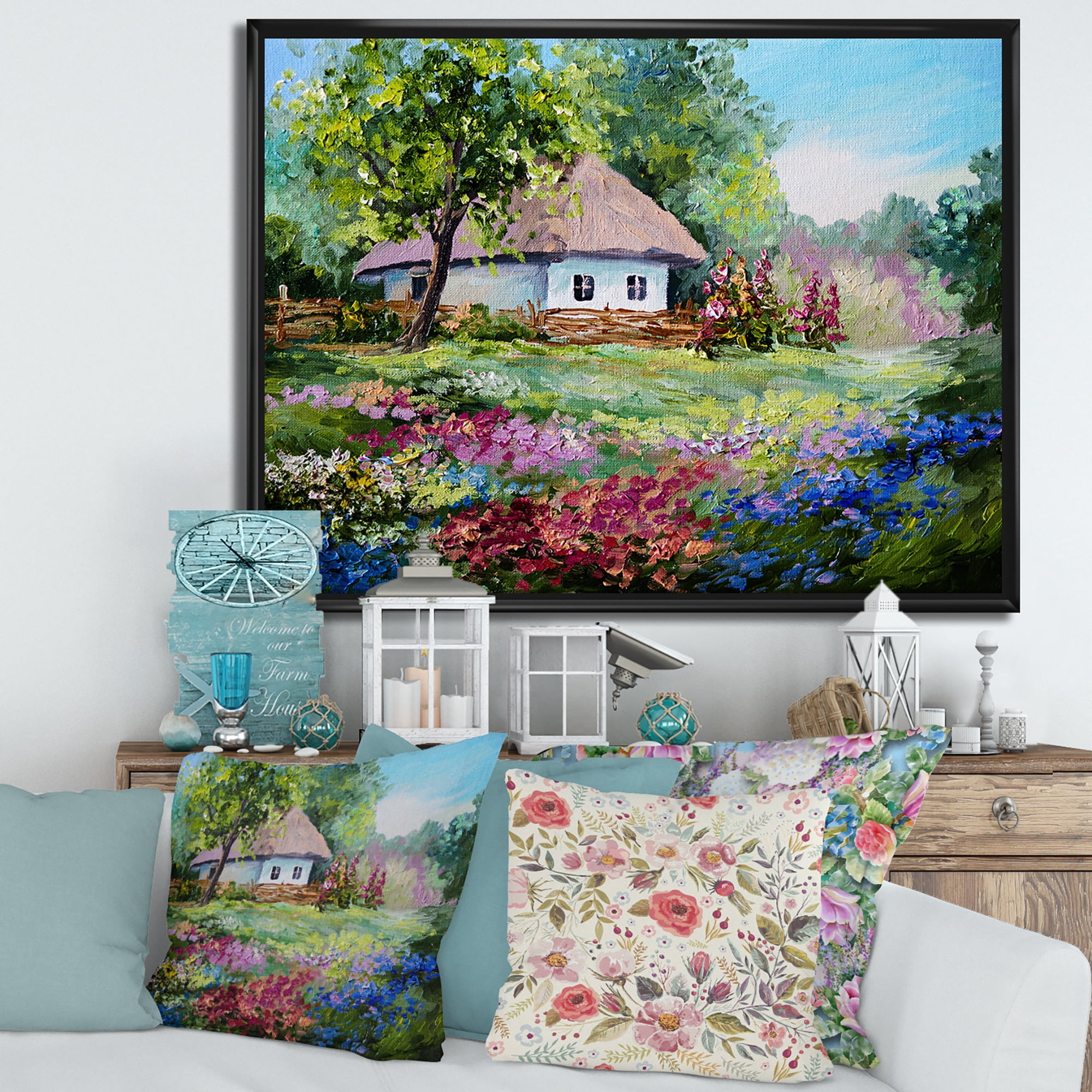 House With Blossoming Flowers On The Mountain I 20 in x 12 in Framed Painting Canvas Art Print, by Designart