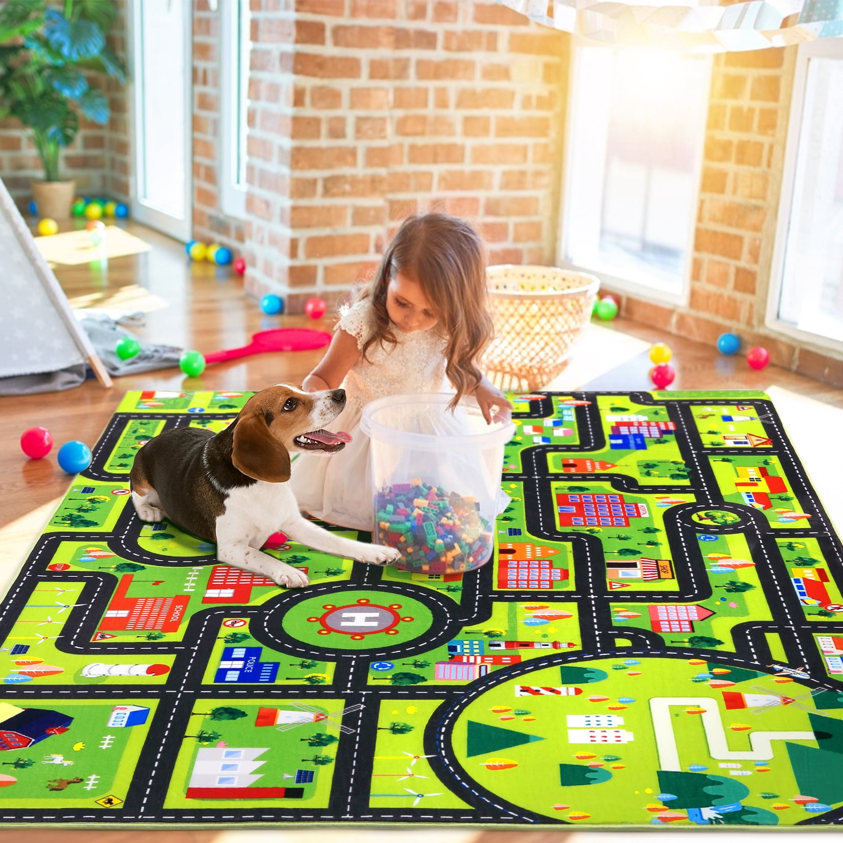 Homhougo—8' x 10' Children's Rug Play Mat City Life Learning Carpet Children's Education Road Traffic System Car Play Mat for Bedroom Playroom, Black