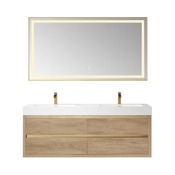 60M in. Palencia Double Sink Wall-Mount Bathroom Vanity, North American Oak with White Composite Integral Square Sink Top & Mirror
