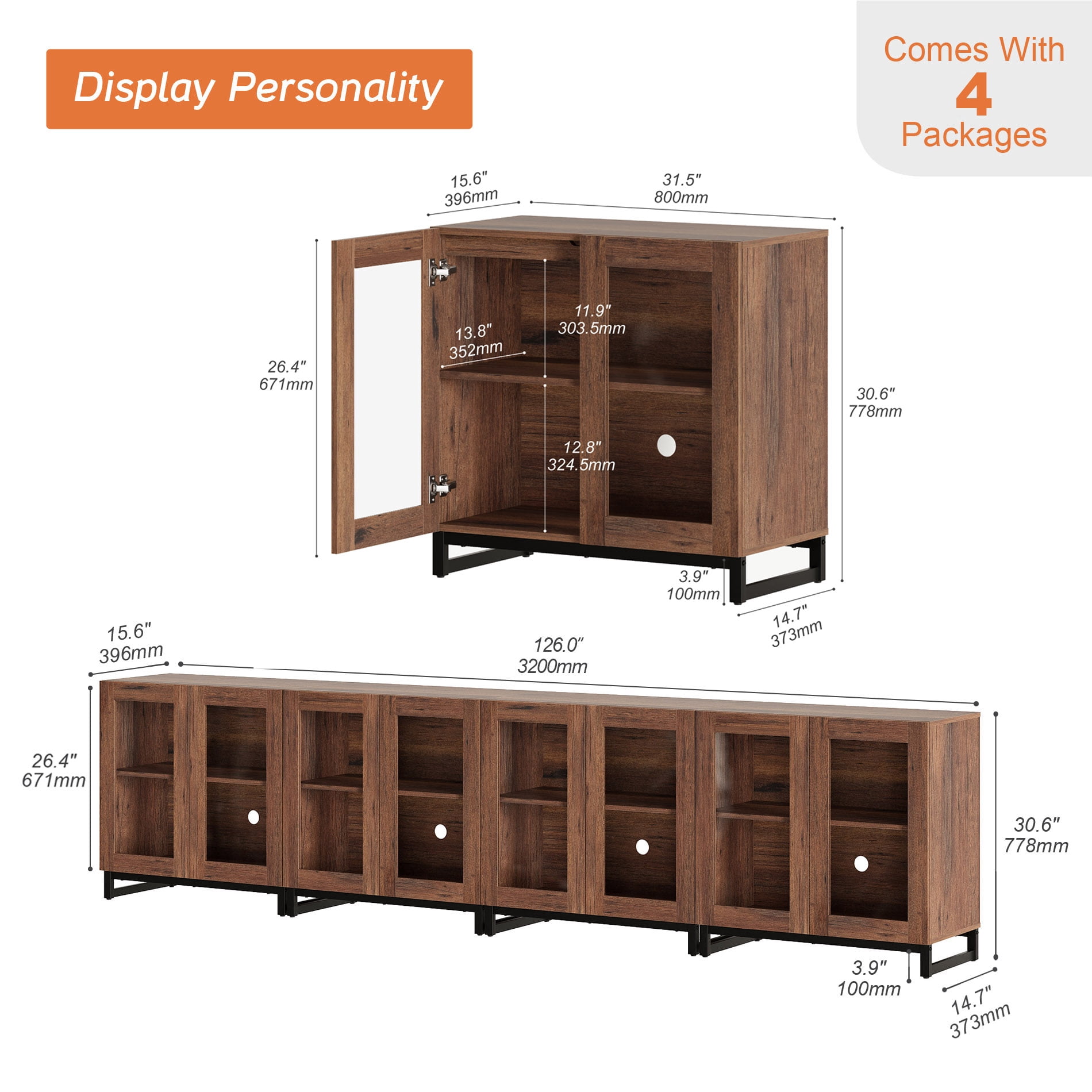 4 in 1 Sideboard Buffet with 8 Glass Doors & Adjustable Shelf, Modern Wood Grain Storage for Living Room, Kitchen,Brown