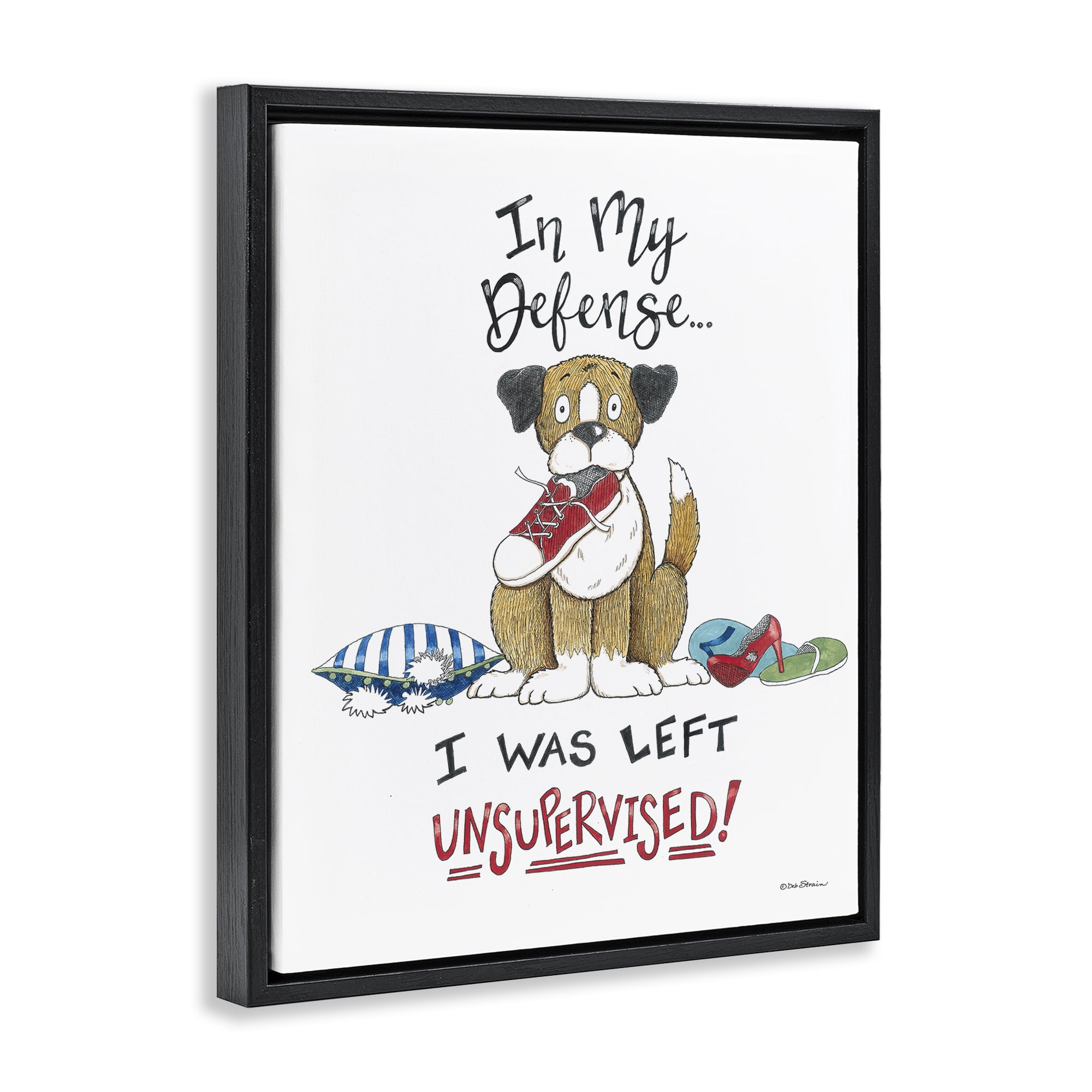 Stupell Industries Left Unsupervised Dog Animals Painting Black Floater Framed Canvas Art Print Wall Art, 25 x 31