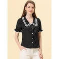 thumbnail image 2 of Unique Bargains Women's Sweet Peter Pan Contrast Collar Short Sleeves Blouse Black M, 2 of 5
