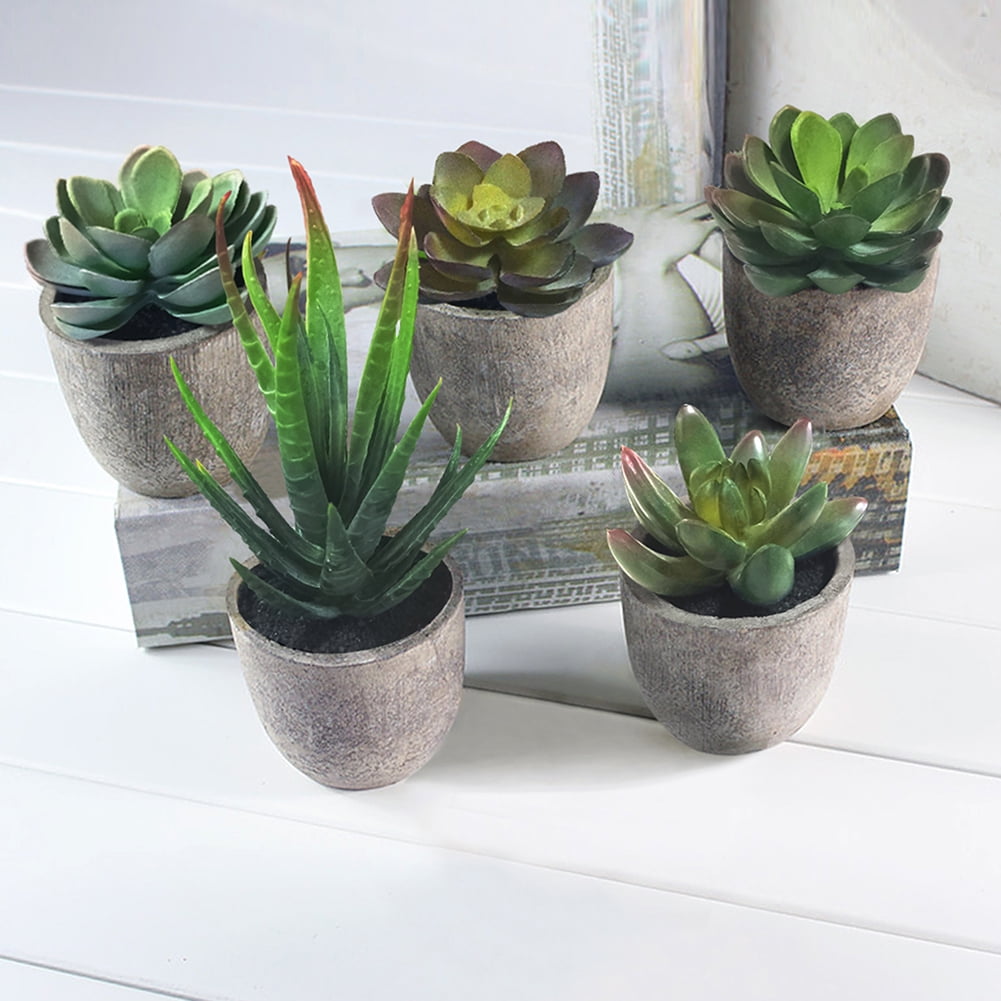 Kadyn 5Pcs Artificial Succulent Cactus Plants, Faux Succulent Cactus Plants with Gray Pots, ABS Plastic Artificial Cactus Plants for Home Decor, Green