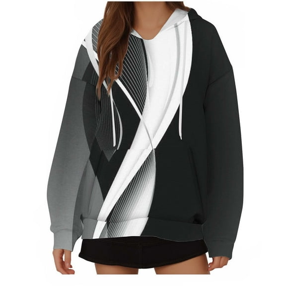 WREESH Women's Casual Printed Hoodie Oversized Long Sleeve Loose Fit Sweatshirt Drawstring Hooded Pullover with Pocket Black