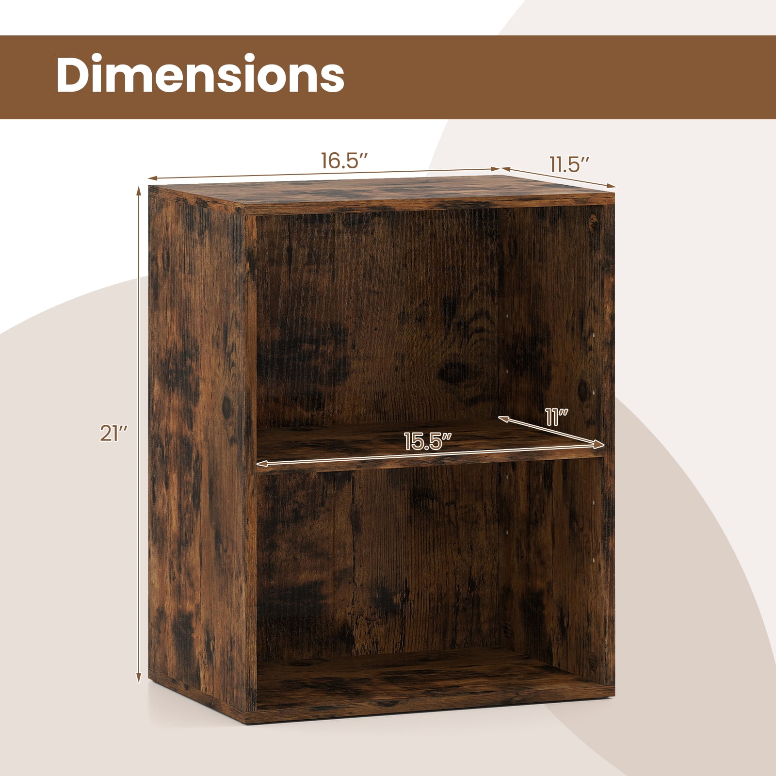 Gymax 2-Cube Bookcase w/ 5-Position Adjustable Shelf Anti-Toppling Kits for Study Rustic Brown