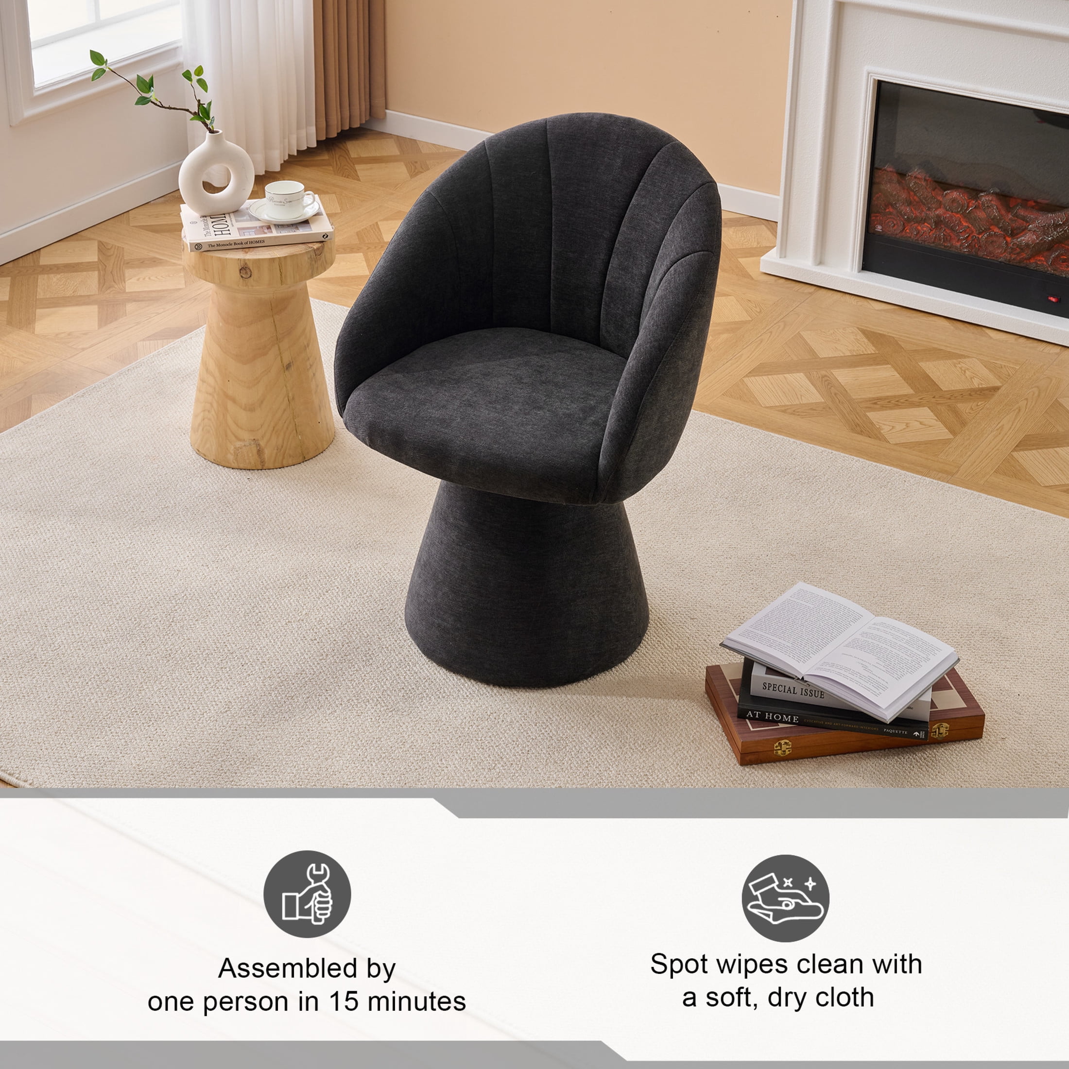 Noble House Brixo Upholstered Chenille Vanity Chair, Comfy 360° Swivel Computer Desk Chair for Home Office, Gray