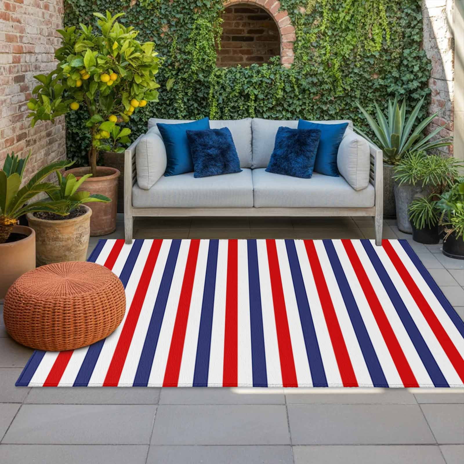 3' x 5' Outdoor Rug, Red Blue White Striped Outdoor Washable Rug Large Floor Carpet, Modern Simple Stripes Non Shedding Area Rug for Outside Patio RV Porch Deck Balcony Camping Living Room