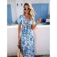 thumbnail image 5 of Blue Floral Print Tie Front Deep V Neck Cutout Waist Maxi Dress For Women, 5 of 8