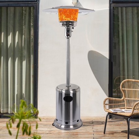 47 000 BTU Patio Heater  Outdoor Heater with Wheels and Adjustable Thermostat  Heavy Duty Stainless Steel Patio Heater  Freestanding Propane Heater for Backyard  Deck  Garden  Silver