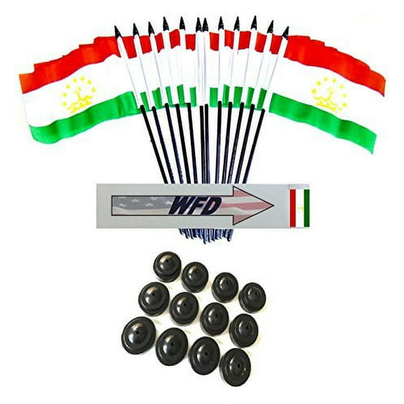 Pack of 12 4"x6" Tajikistan Polyester Miniature Office Desk & Little Table Flags, 1 Dozen 4"x 6" Tajik Small Mini Handheld Waving Stick Flags with 12 Flag Bases (Flags with Stands)