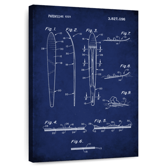 Elephant Stock Water Ski Patent Wall Art - Vertical Canvas Wall Art - Living Room Wall Decor - Patent Canvas - Blue And White Decor - 8" x 12"