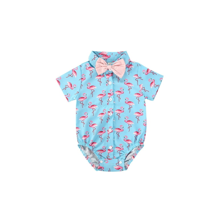 IZhansean Baby Boys Short Sleeve Gentleman Bowtie Romper Bodysuit Top  Dinosaur Flamingo Print Dress Shirt Top Pink 12-18 Months