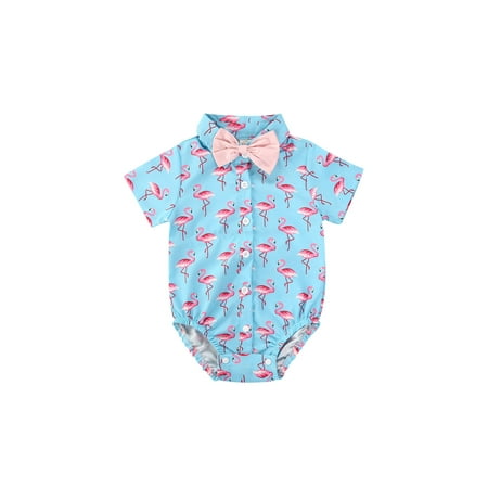 

TheFound Baby Boys Short Sleeve Gentleman Bowtie Romper Bodysuit Top Dinosaur Flamingo Print Dress Shirt Top