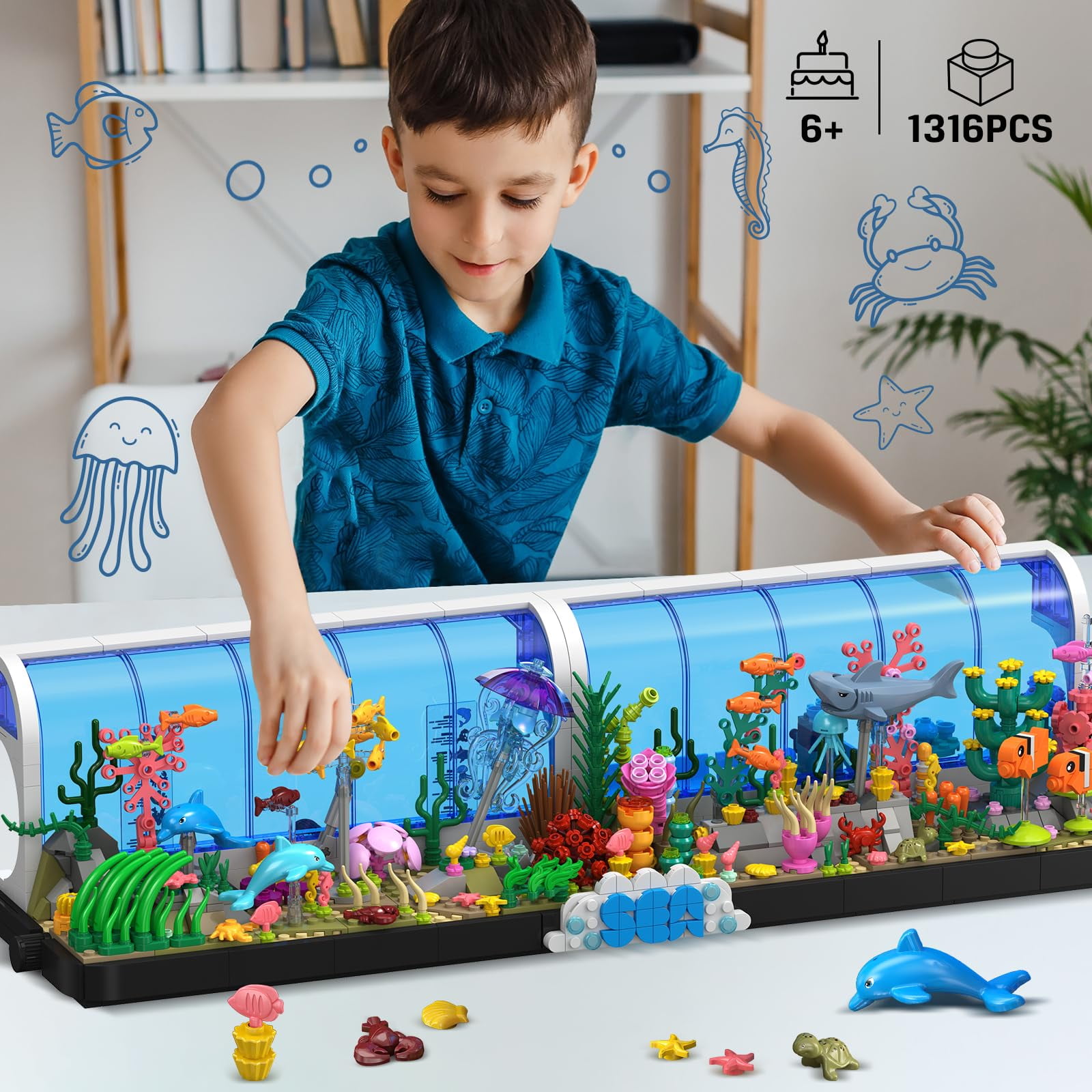HOGOKIDS Aquarium Building Sets, 2-in-1 Pivoting Oceanarium Animals Construction Building Toys for Kids Aged 6-12
