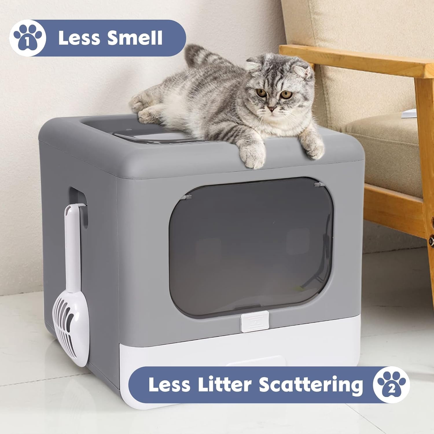 Foldable Enclosed Cat Litter Box with Front Door & Top Entry, Pull-Out Drawer Type, Cat Toilet with Lid, Easy Cleaning and Anti-Splashing Litter Tray with Plastic Scoop (Grey)