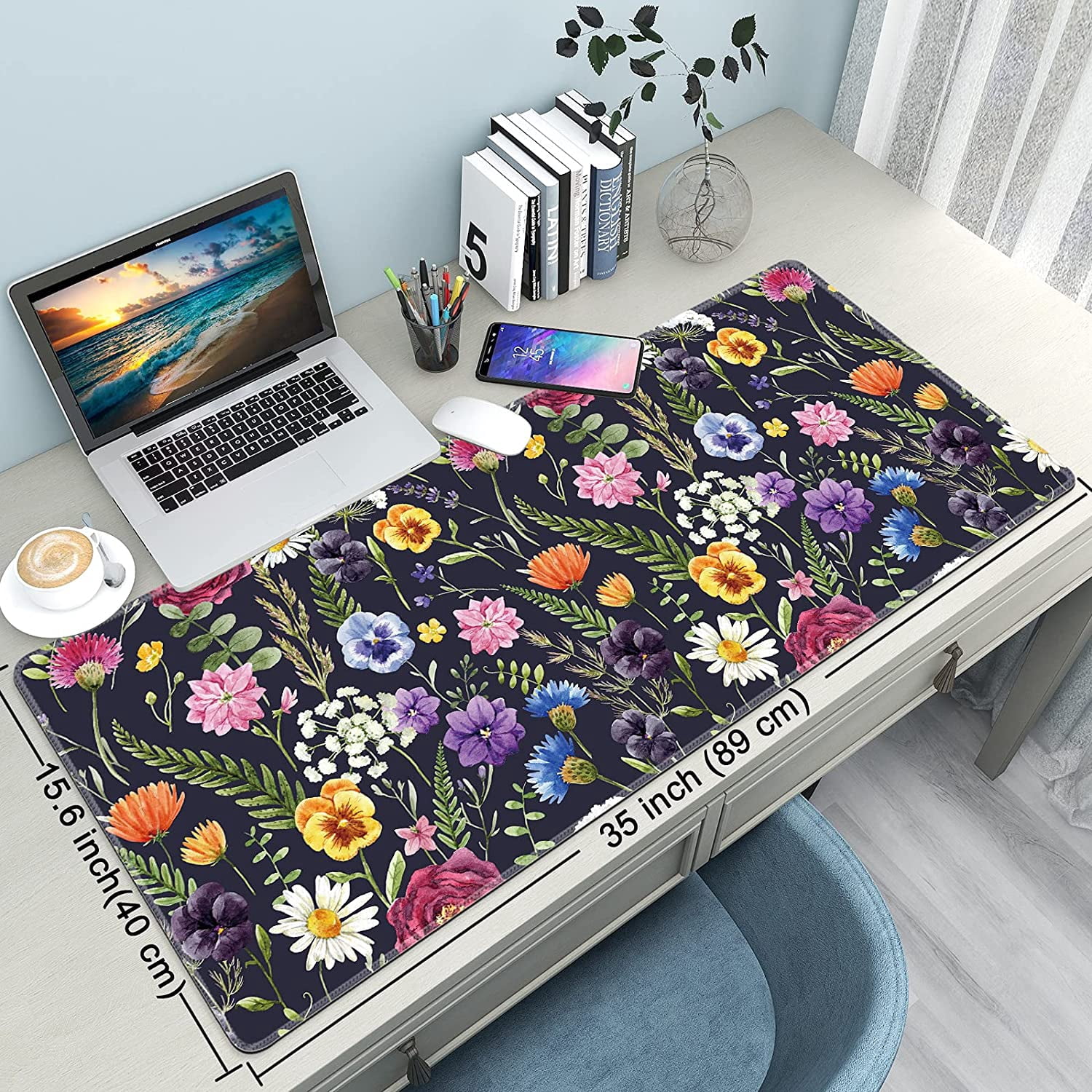 Desk Mat,Large Mouse Pad 35''''×15.6''''×0.12'''' XXL Extended Gaming Mouse Pad Mat with Non-Slip Base Stitched Eges Mousepad for Computer,Office,Keyboard and Laptop - Floral Background 1