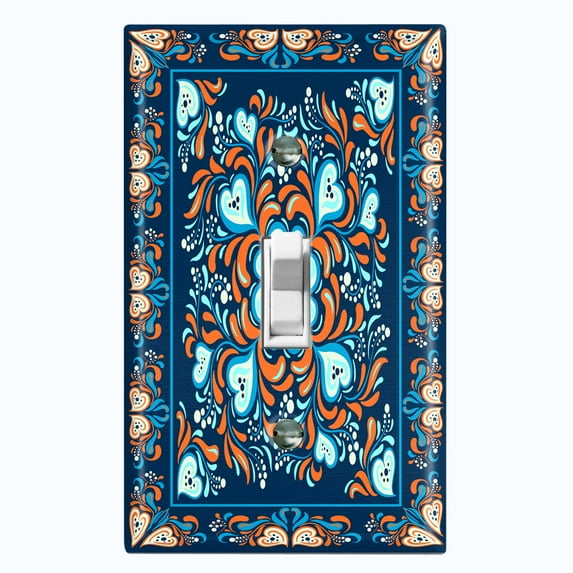 Metal Light Switch Plate Cover Blue Orange Flower Heart Mandala Tile Pattern TIL027