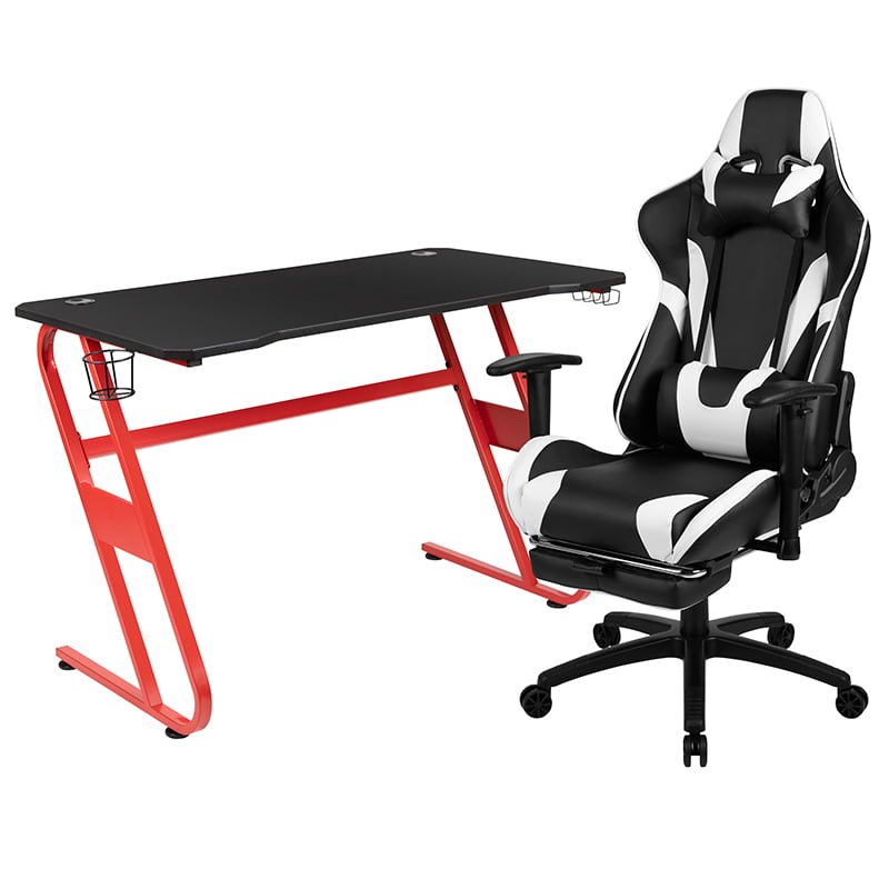 Home Office Furniture Set Red Tangkula Gaming Desk and Gaming Chair Combo Set Lumbar Massage and Headrest Computer Desk and Racing Office Chair Set w/Cup Holder Earphone Hook