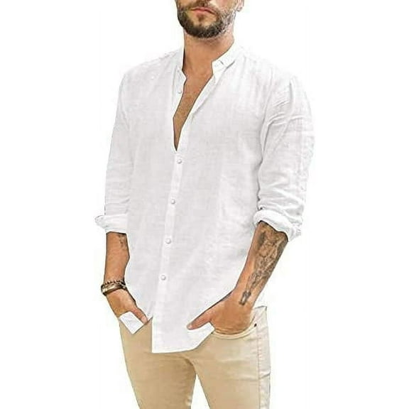 Mens Casual Long Sleeve Cotton Linen Shirts Button Down Solid Plain Roll-Up Sleeve Summer Beach Shirts 2025