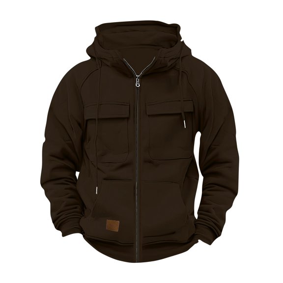 Fall Winter Mens Utility Tactical Full Zip Hoodie Muscle Fit Long Sleeve Sweatshirt Jacket Kangaroo Pocket Cargo Sleeve Streetwear Brown 2XL