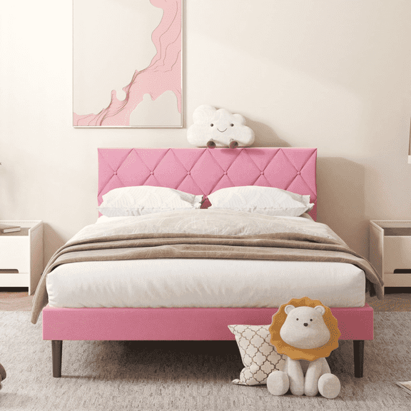 VIPLOV Full Size Bed Frame, Upholstered Platform Bed Frame with Button Tufted Headboard, Mattress Foundation, Wooden Slats Support, Super Easy Assembly,Pink