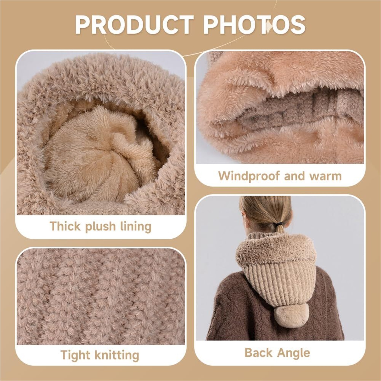 3 in 1 Beanie Hat for Women, Winter Warm Knitted Balaclava Scarf with Face Cover, Windproof Fleece Lined Ski Snow Hat