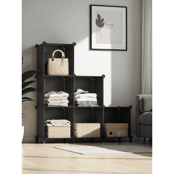 LEDREM 6 Cube Storage Organizer, Modular Plastic Stackable Shelves with Feet, DIY Bookshelf and Closet Organizer, 11.8 Inch Cubes, Black