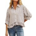 thumbnail image 1 of Blusa de verano CHYRII para mujer, con volantes y botones, a rayas, color canela, 1 of 6