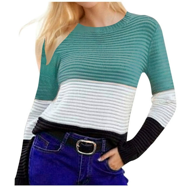 Timegard Chandails pour Femmes Col Rond Tricoté Manches Longues Chandail-Over Slim Bloc de Couleur Ample Tee Tops Automne
