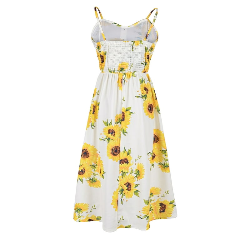 Feinuhan Womens Sunflower Print Dress Spaghetti Strap Floral