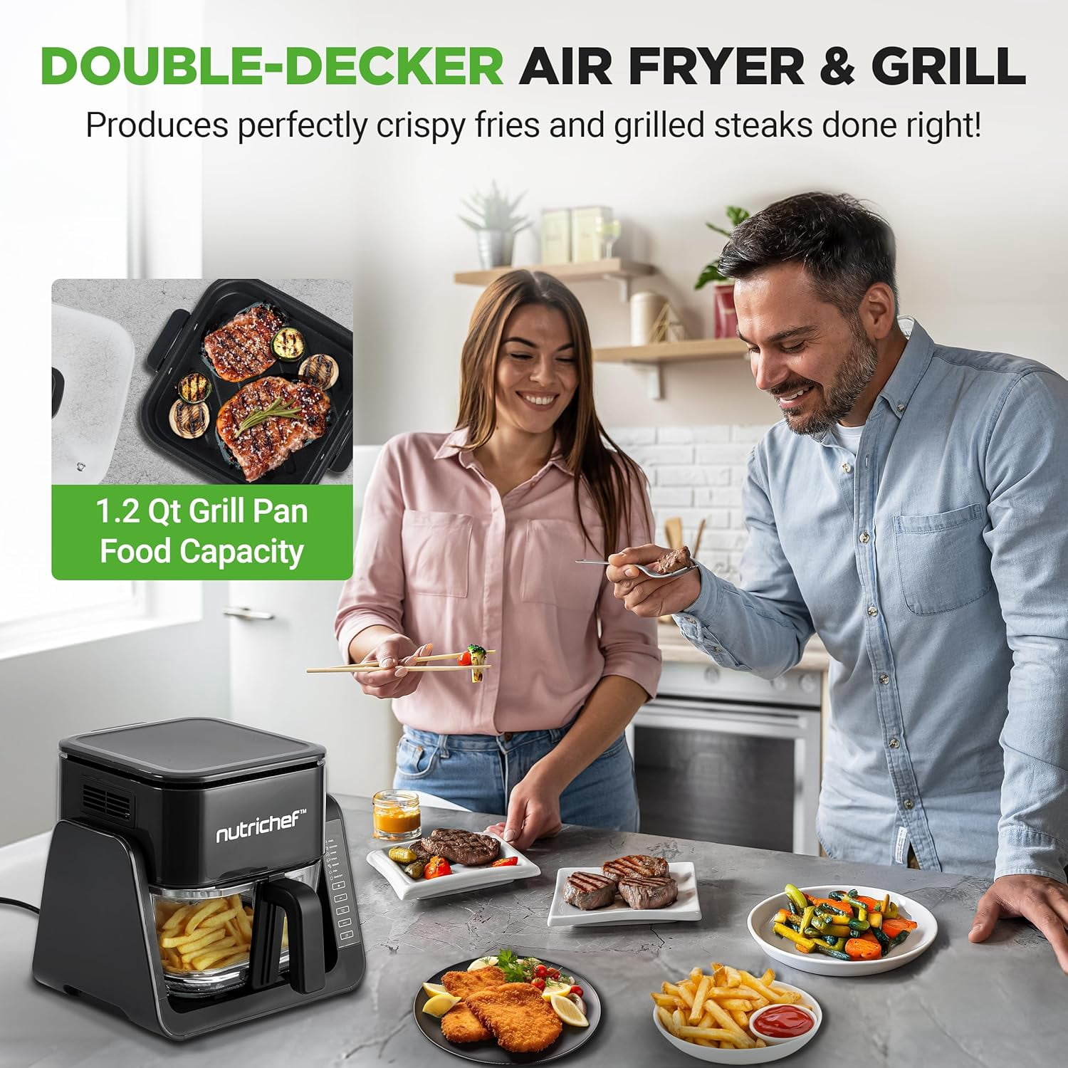 1500W Electric Air Fryer & Grill with 4L Glass Pot, 7-in-1 Functions, Large Digital Control Panel