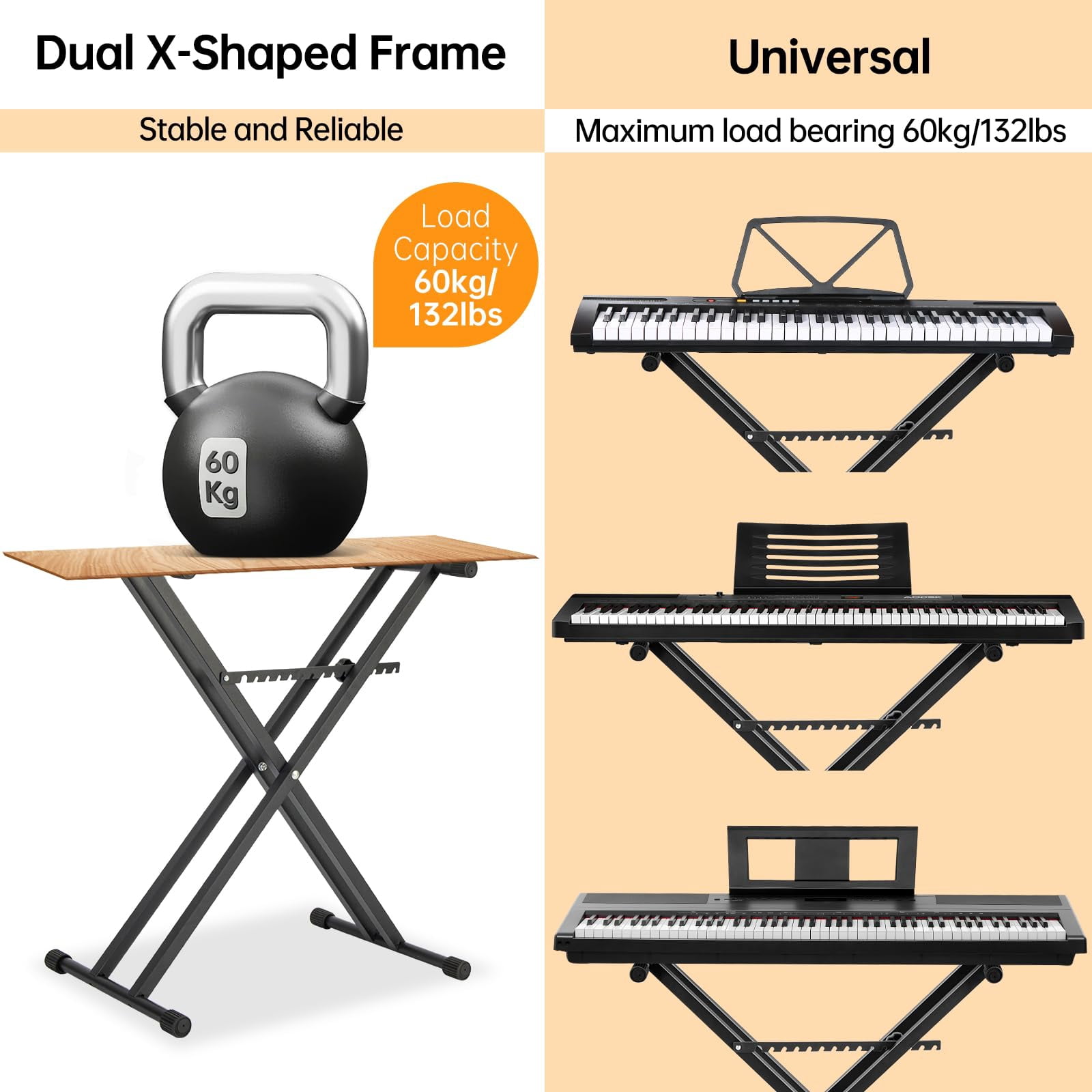 Double X Keyboard Stand - Adjustable Height 20.47-36.6 Inches  Width 15.75-34.5 With Locking Straps 132 Lbs Load Capacity Compatible Keyboards From 61 To 88 Keys