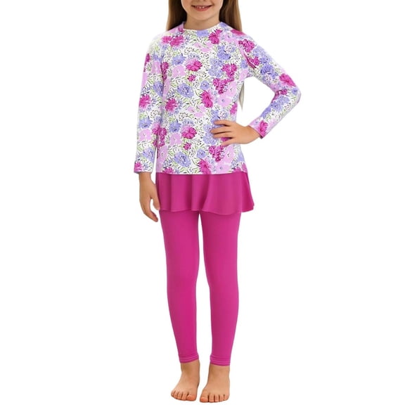 Pretxorve Girls Swimsuit 2-Piece Long Sleeve Sun Proof Skirt Style Princess Style Beach Wear Swimwear 4-16Y