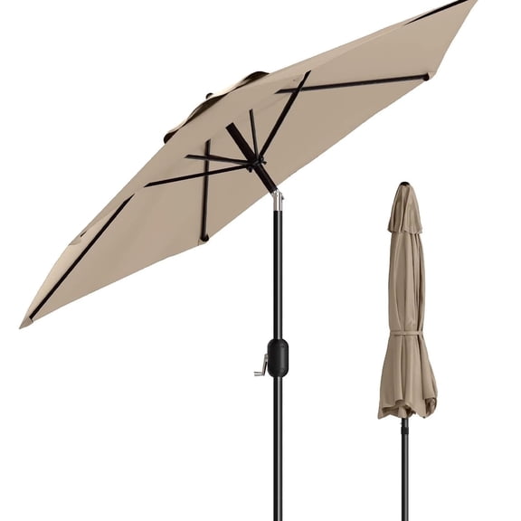 Memoryfield 9FT Patio Market Umbrella with Crank Handle, Outdoor Table Octagon Umbrella with 8 Steel Ribs for Yard Poolside Deck, Tan Color