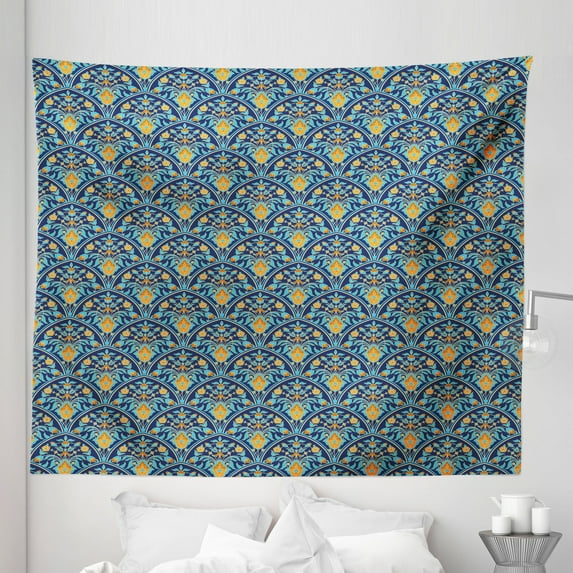 Oriental Tapestry, Nostalgic Oriental Design Floral Squama Tile Mosaic with Turquoise Details, Fabric Wall Hanging Decor for Bedroom Living Room Dorm, 5 Sizes, Night Blue Apricot, by Ambesonne