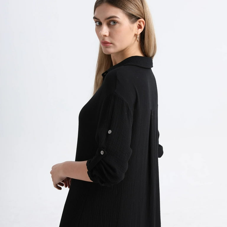 AP 2024 Spring and Summer Women Muslin Shirt Dress Lady Cotton Dress Casual  Side Slits Sleeve Length Can Be Adjusted - Walmart.com