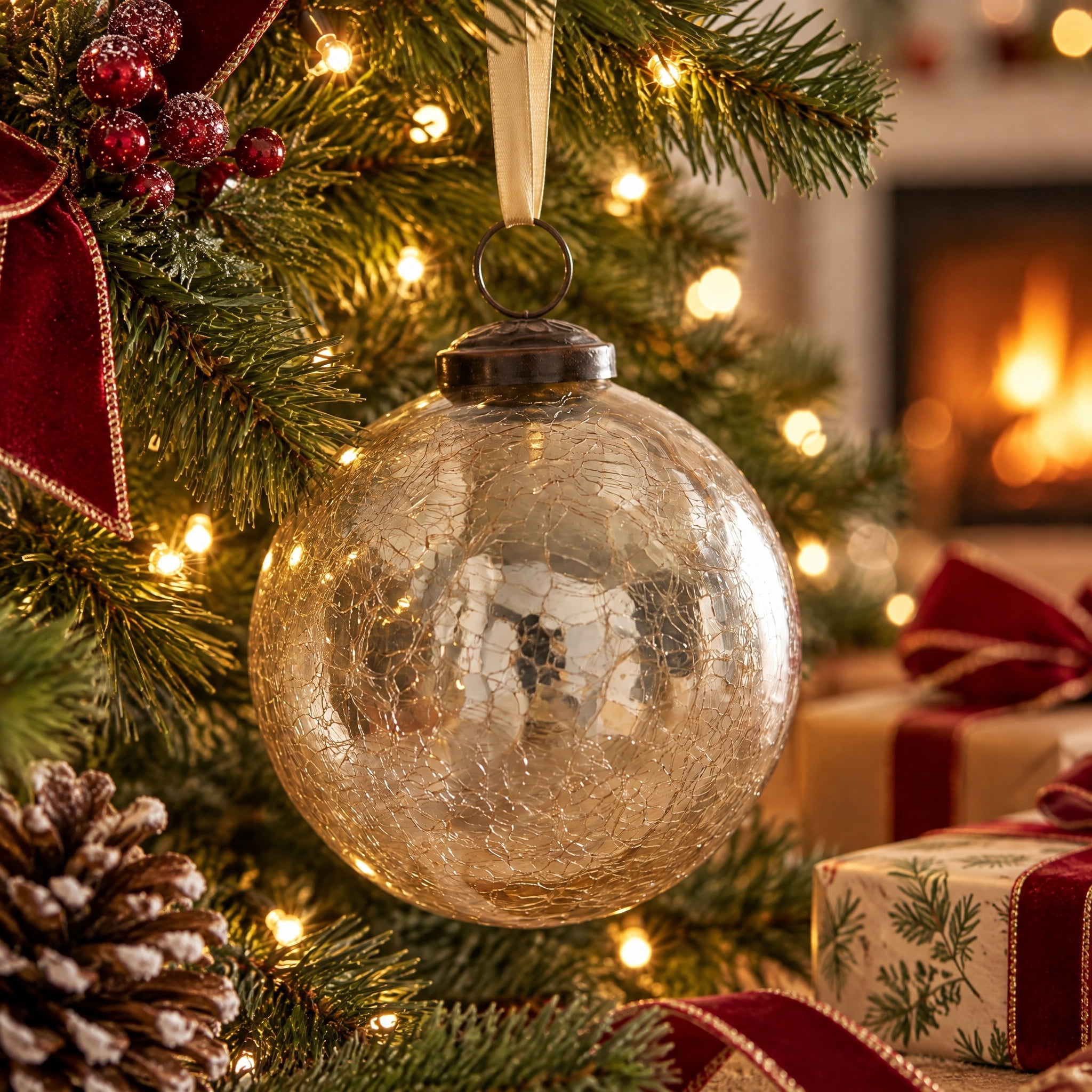 Gold Crackle Glass Ball Christmas Ornament, 4", by Holiday Time