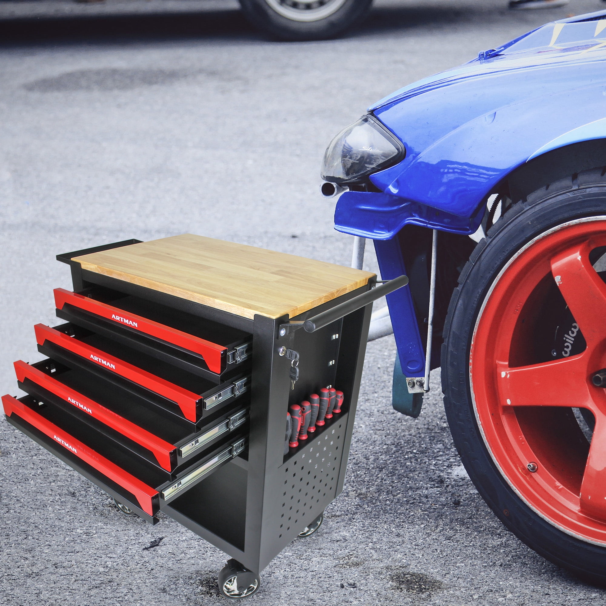 Aukfa 30 inch Mechanic's Tool Cart, 700 LB Capacity 4-Drawer Tool Chest on Wheels for Garage, Red