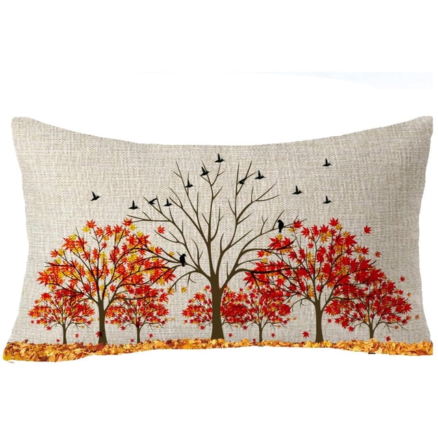 Happy Fall Y'all Feuilles d'Érable Dorées d'Automne Rouge Cadeau pour la Famille Housse de Coussin en Coton Lin Décoratif Lombaire 12 Pouces x 20 Pieds' Pouces