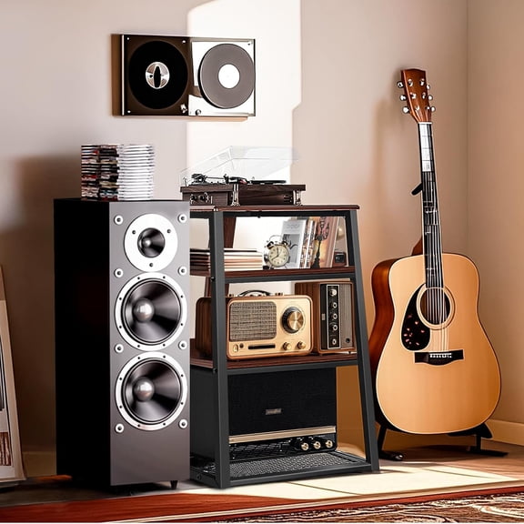 4-Tier AV Media Stand Corner Shelf, Media Shelf for Record Player Wooden Stereo Cabinet Audio Rack Tower Stereo Stands for/ One/Apple TV/Ps4 (Walnut)