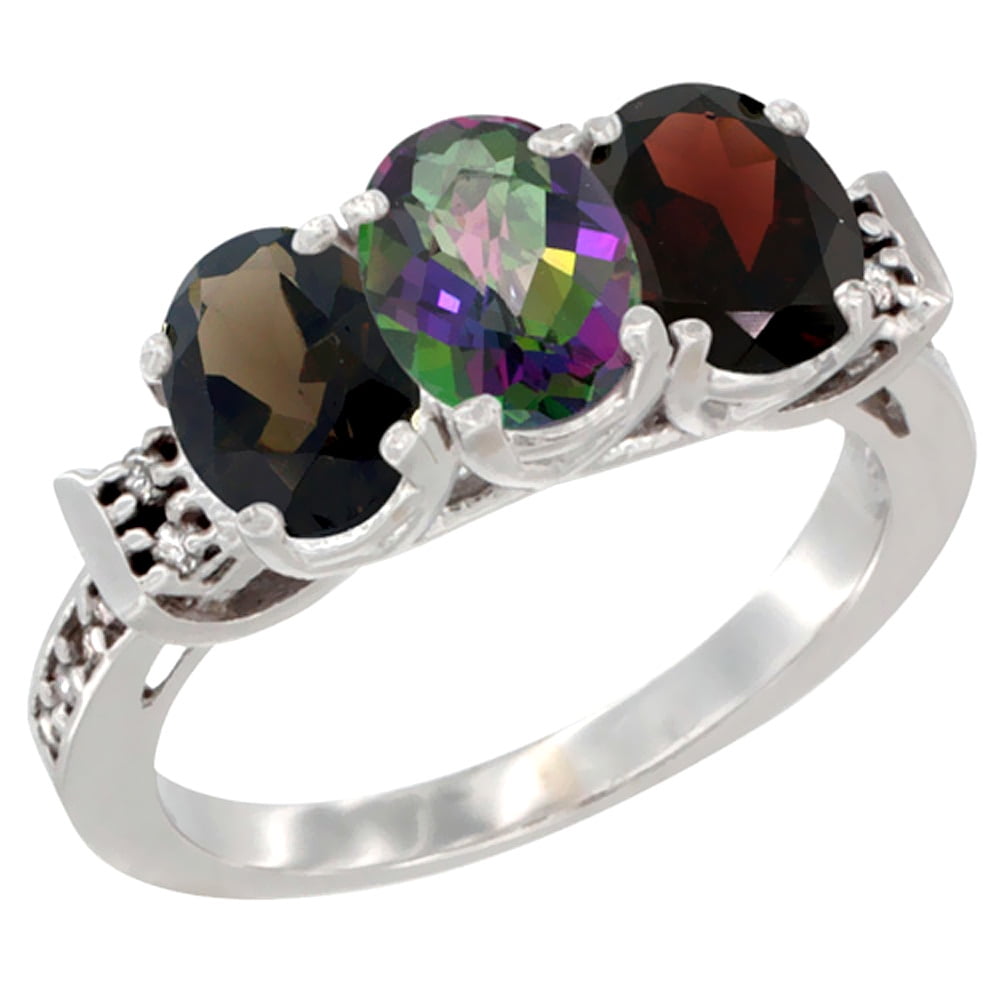 10K White Gold Natural Smoky Topaz, Mystic Topaz & Garnet Ring 3-Stone Oval 7x5 mm Diamond Accent, sizes 5 10 by WorldJewels