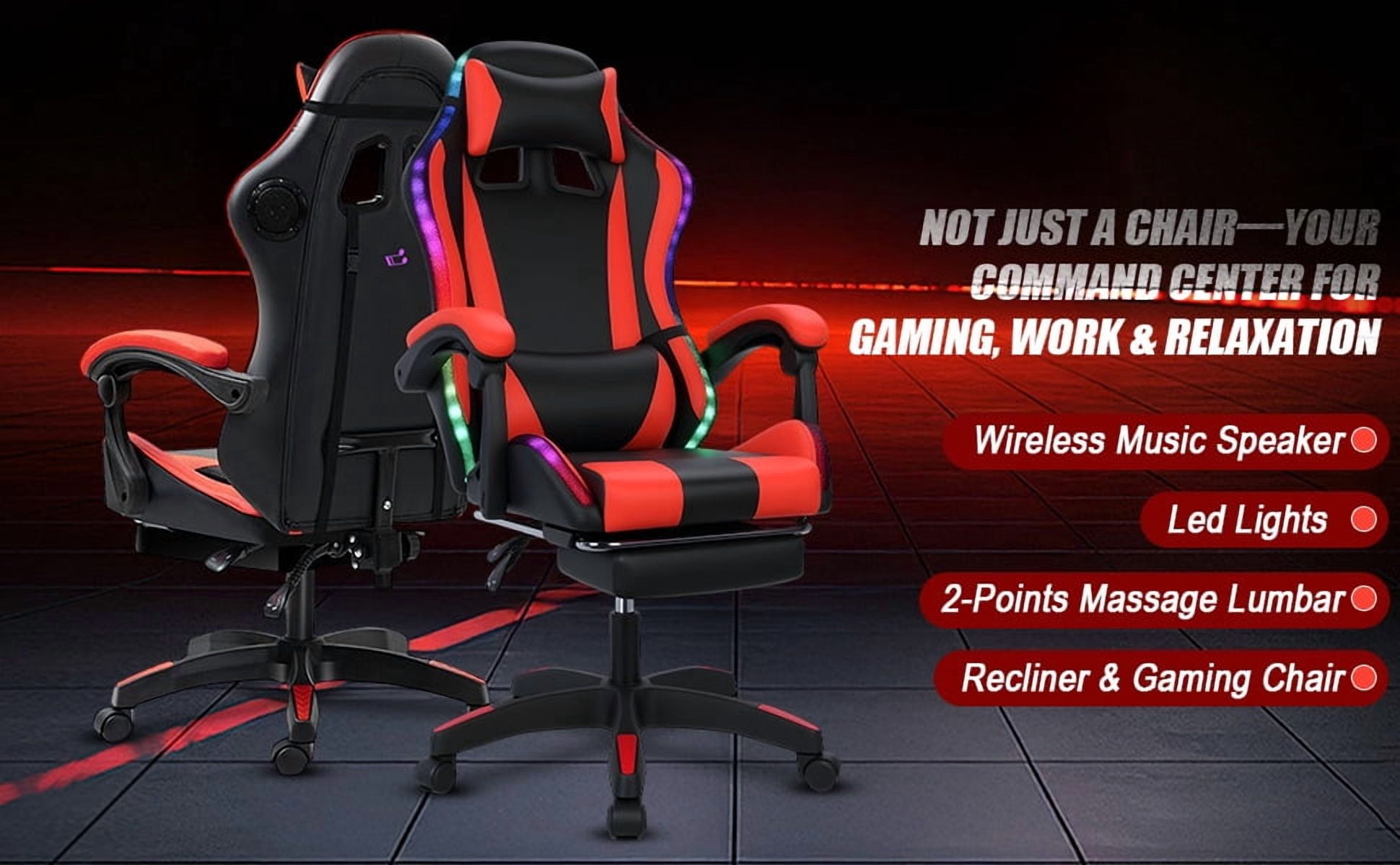 Gaming Chair with Bluetooth Speakers and Led Lights, Massage Gamer Chair with Footrest High Back and Lumbar Support, Ergonomic Height Adjustable Video Game Chairs Recliner for Adults (Black Red)